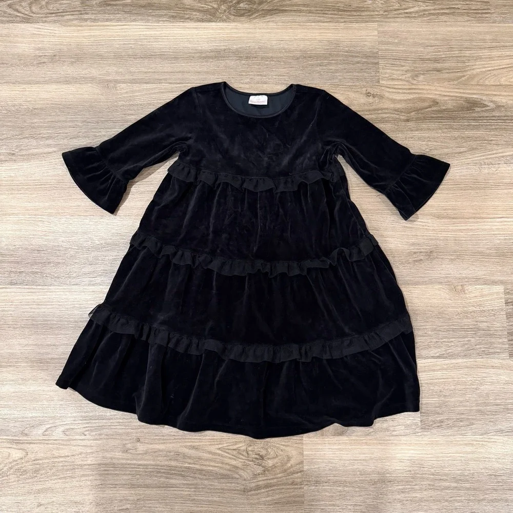 Hanna‎ Andersson Black Velvet Tiered Ruffle Dress Girls Size 130 Long Sleeve